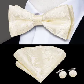 Champagne White Paisley Pre-tied Bow Tie Hanky Cufflinks Set
