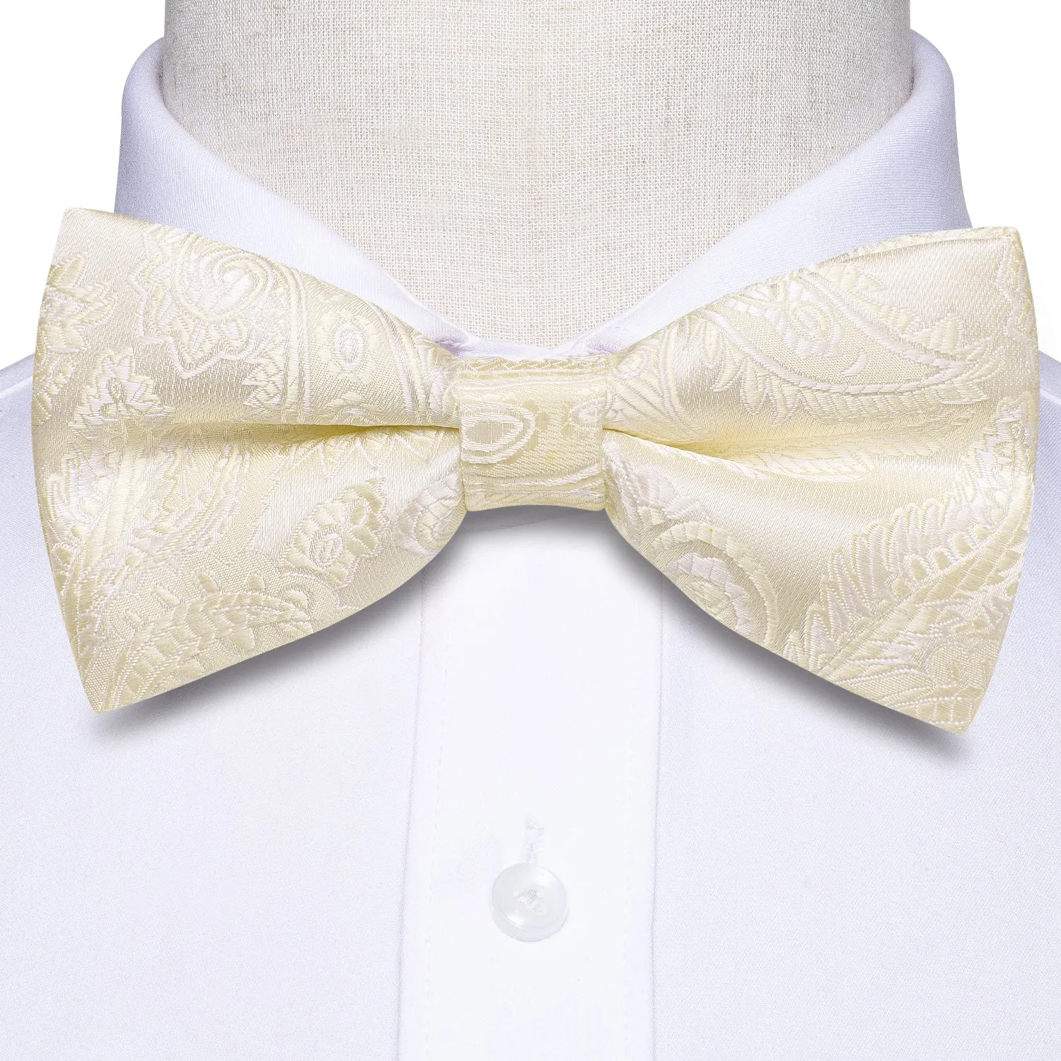 Champagne White Paisley Pre-tied Bow Tie Hanky Cufflinks Set
