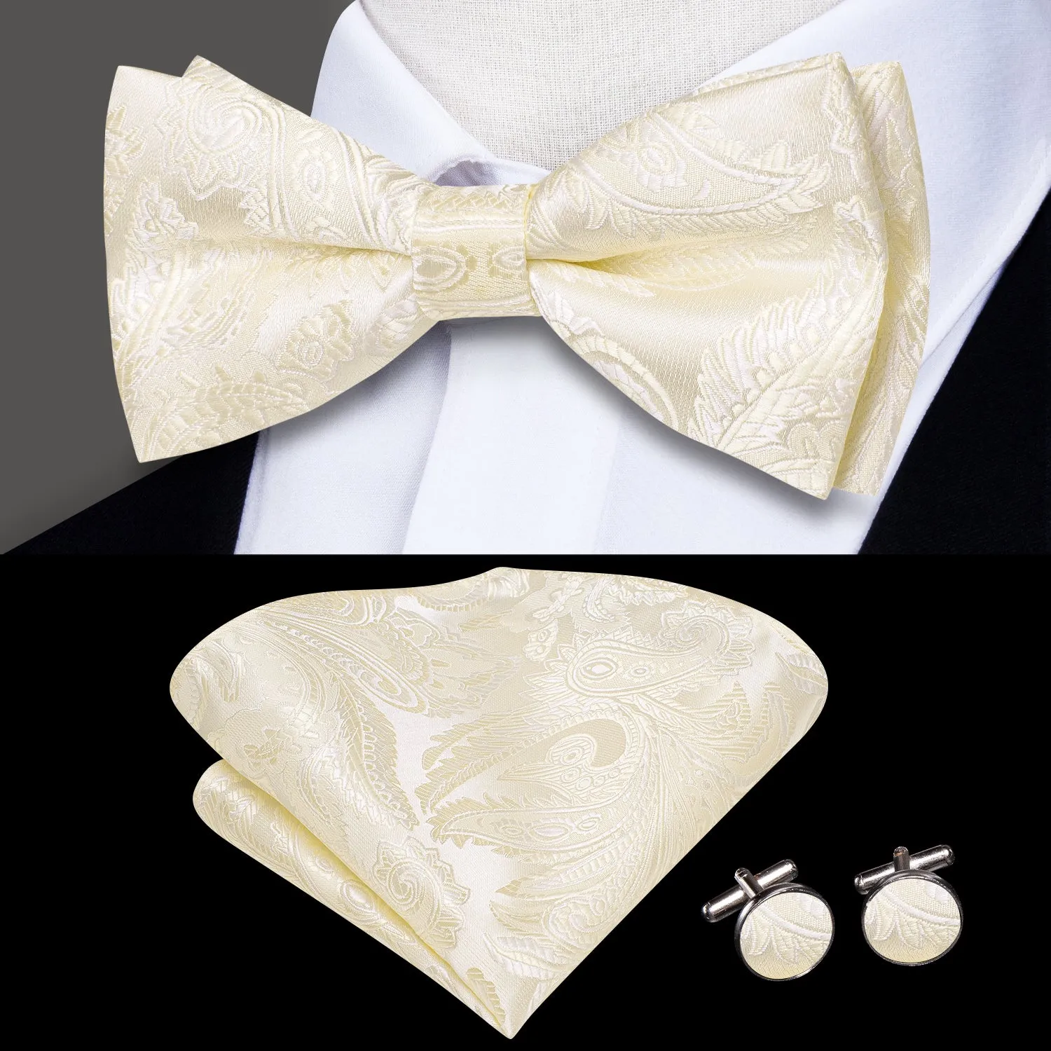 Champagne White Paisley Pre-tied Bow Tie Hanky Cufflinks Set