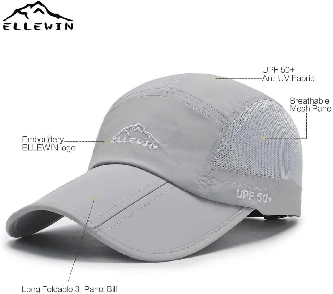 ELLEWIN Unisex Baseball Cap UPF 50 Unstructured Hat with Foldable Long Large Bill