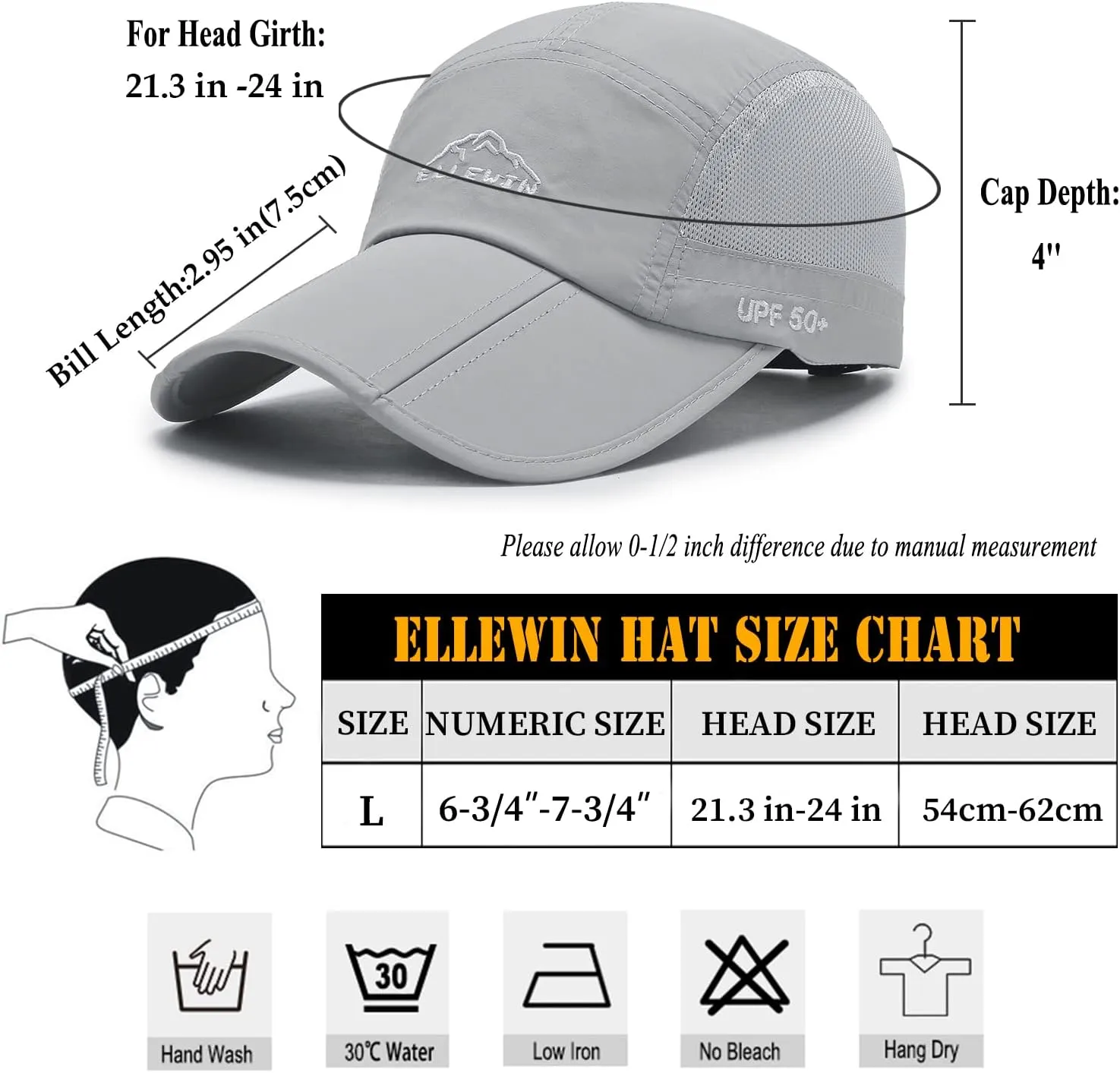 ELLEWIN Unisex Baseball Cap UPF 50 Unstructured Hat with Foldable Long Large Bill