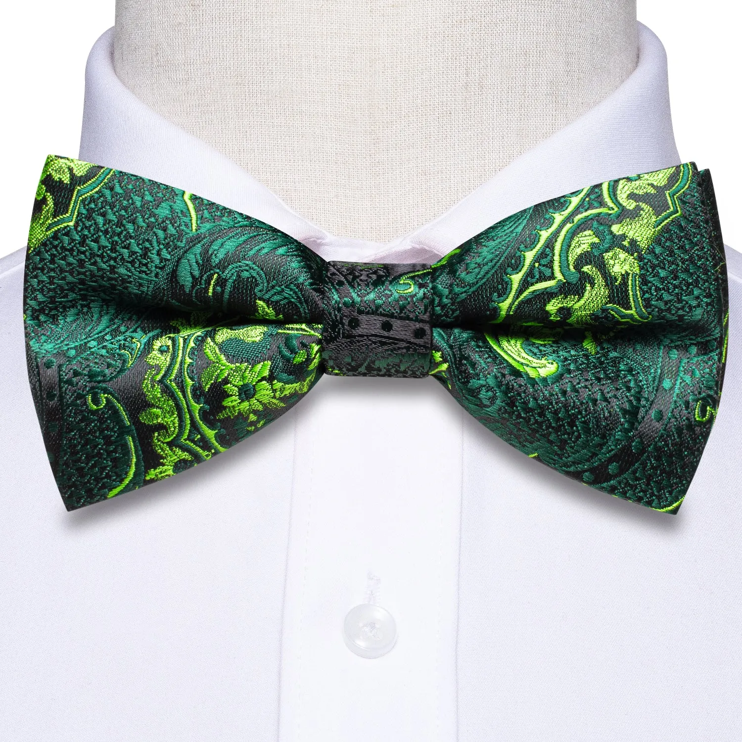Emerald Green Paisley Pre-tied Bow Tie Hanky Cufflinks Set