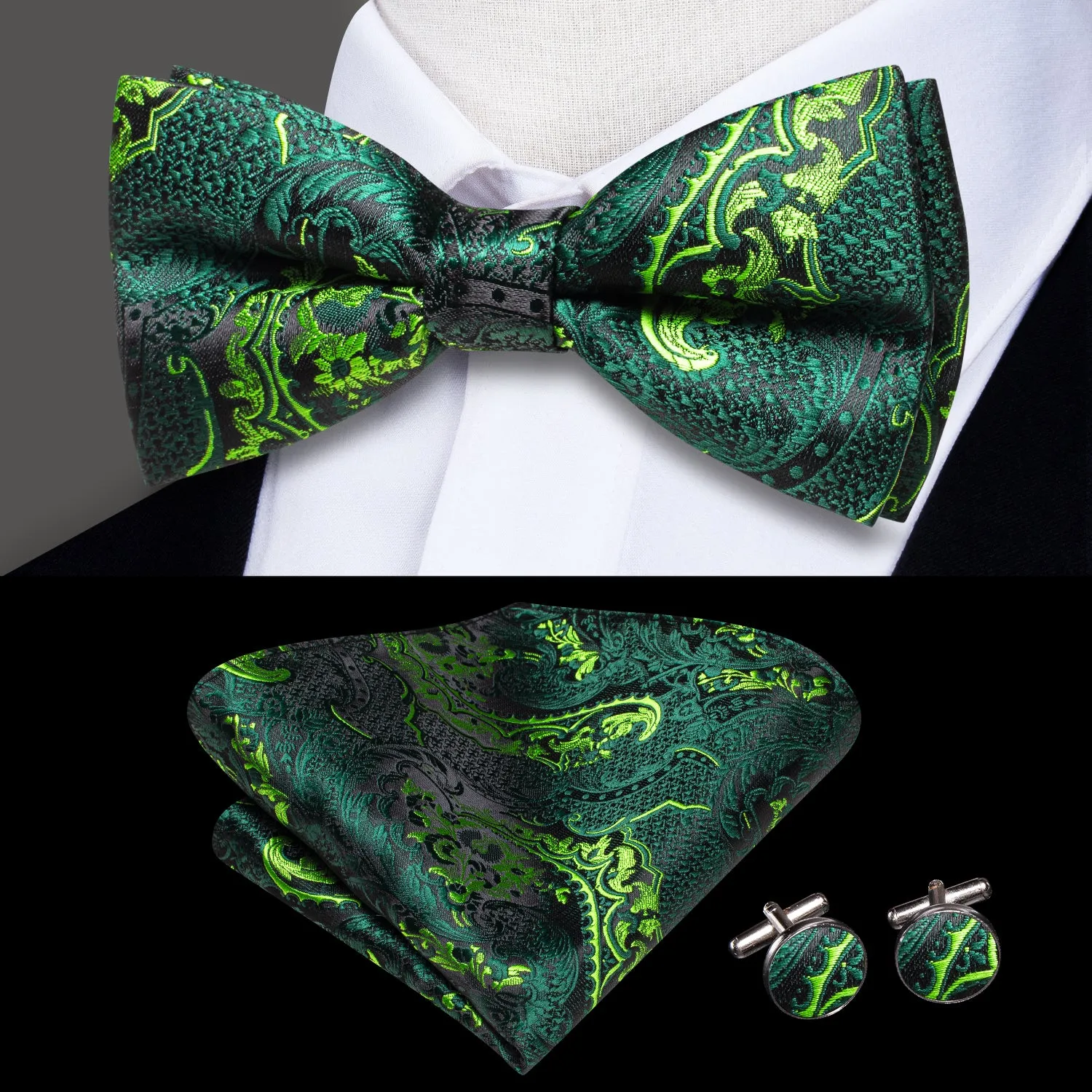 Emerald Green Paisley Pre-tied Bow Tie Hanky Cufflinks Set