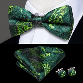 Emerald Green Paisley Pre-tied Bow Tie Hanky Cufflinks Set