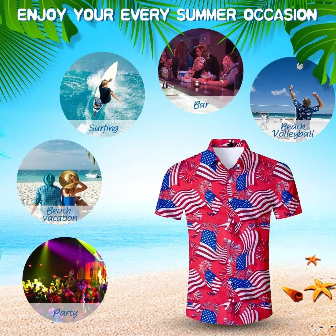 Fanient Mens Hawaiian Shirt Summer 3D Print Casual Short Sleeve Button Down Graphic Aloha Dress Shirts