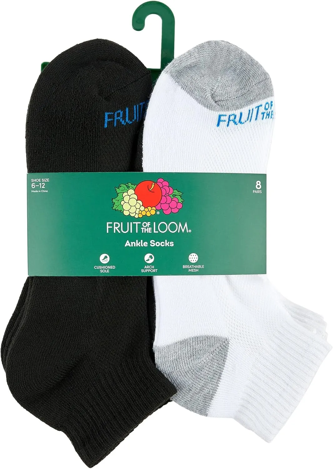 Fruit of the Loom Ankle Socks for Men - 8 Pairs - Arch Support, Cushioned, Athletic Quarter Socks - Mens Socks Size 6-12
