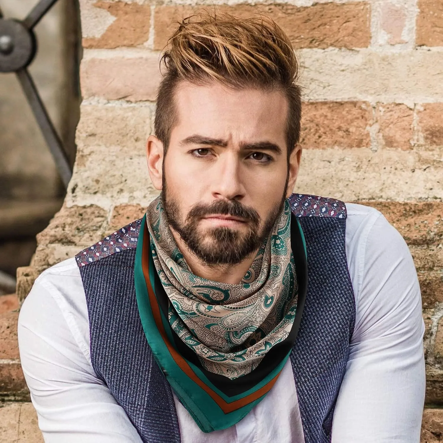 GERINLY Vintage Silk Feel Square Scarf for Men Satin Bandana Tiny Pattern Print Neckerchief Geometry Head Scarf