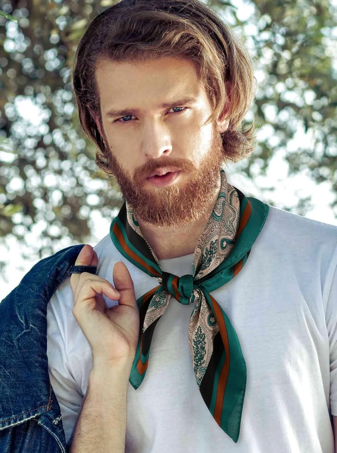 GERINLY Vintage Silk Feel Square Scarf for Men Satin Bandana Tiny Pattern Print Neckerchief Geometry Head Scarf