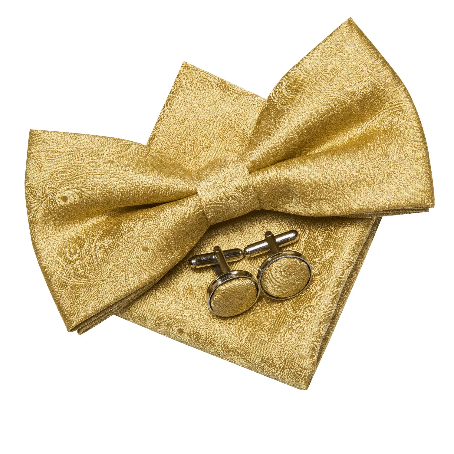 Gold Paisley Pre-tied Bow Tie Hanky Cufflinks Pin Set