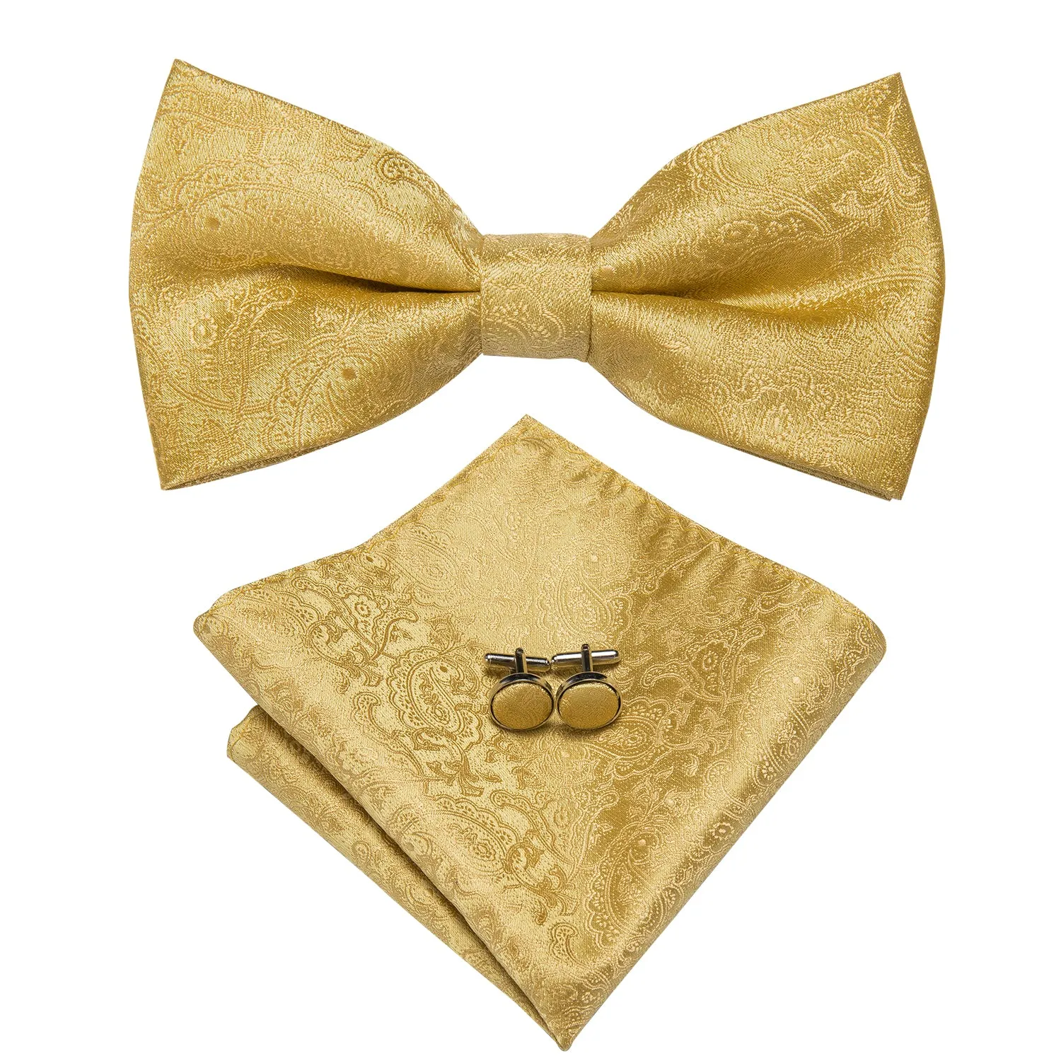 Gold Paisley Pre-tied Bow Tie Hanky Cufflinks Pin Set
