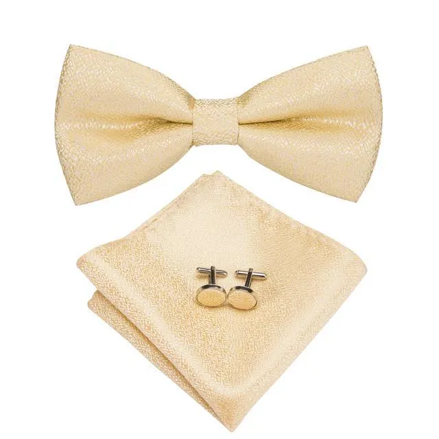 Gold Solid Pre-tied Bow Tie Hanky Cufflinks Set