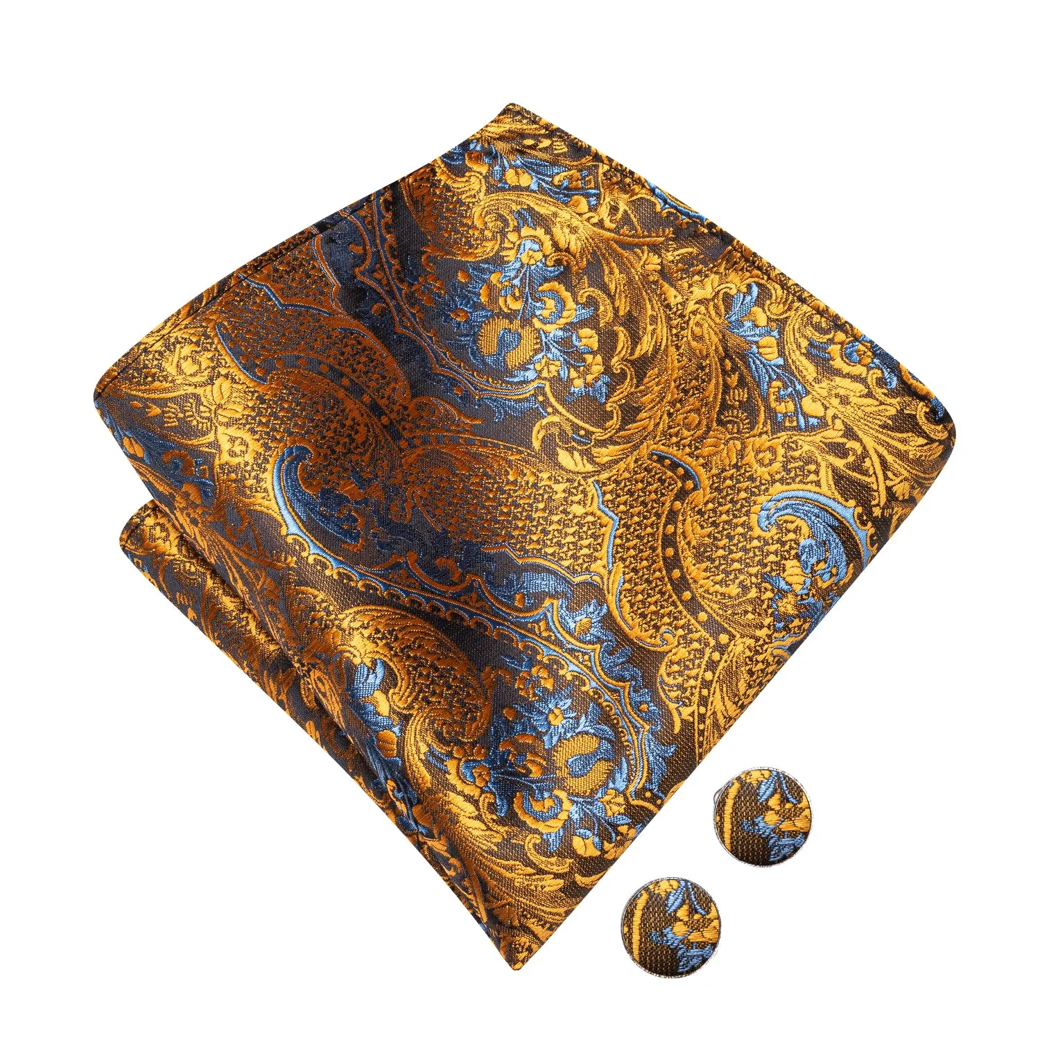 Golden Blue Paisley Pre-tied Bow Tie Hanky Cufflinks Set