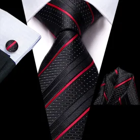 Hi-Tie Black Red Striped Silk Mens Necktie Pocket Square Cufflinks Set