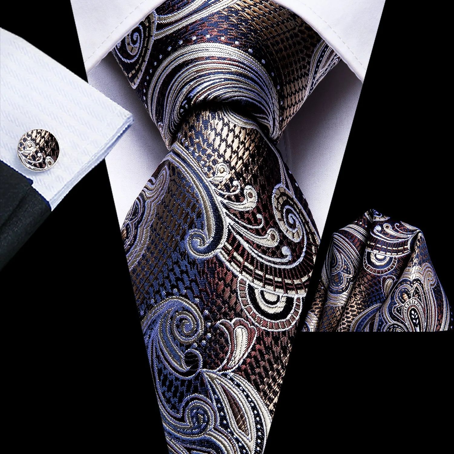 Hi-Tie Blue Brown White Paisley Men's Silk Necktie Hanky Cufflinks Set