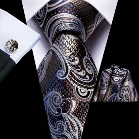 Hi-Tie Blue Brown White Paisley Men's Silk Necktie Hanky Cufflinks Set