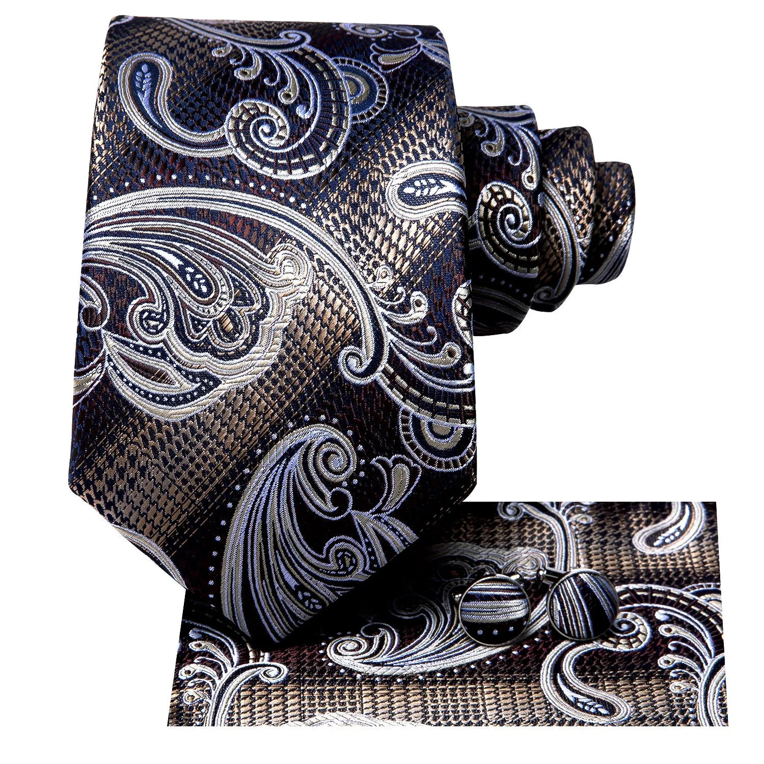 Hi-Tie Blue Brown White Paisley Men's Silk Necktie Hanky Cufflinks Set