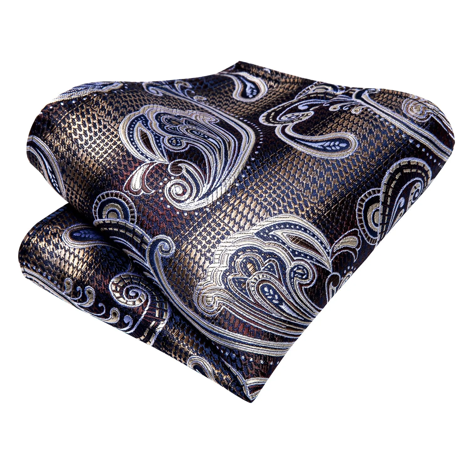 Hi-Tie Blue Brown White Paisley Men's Silk Necktie Hanky Cufflinks Set