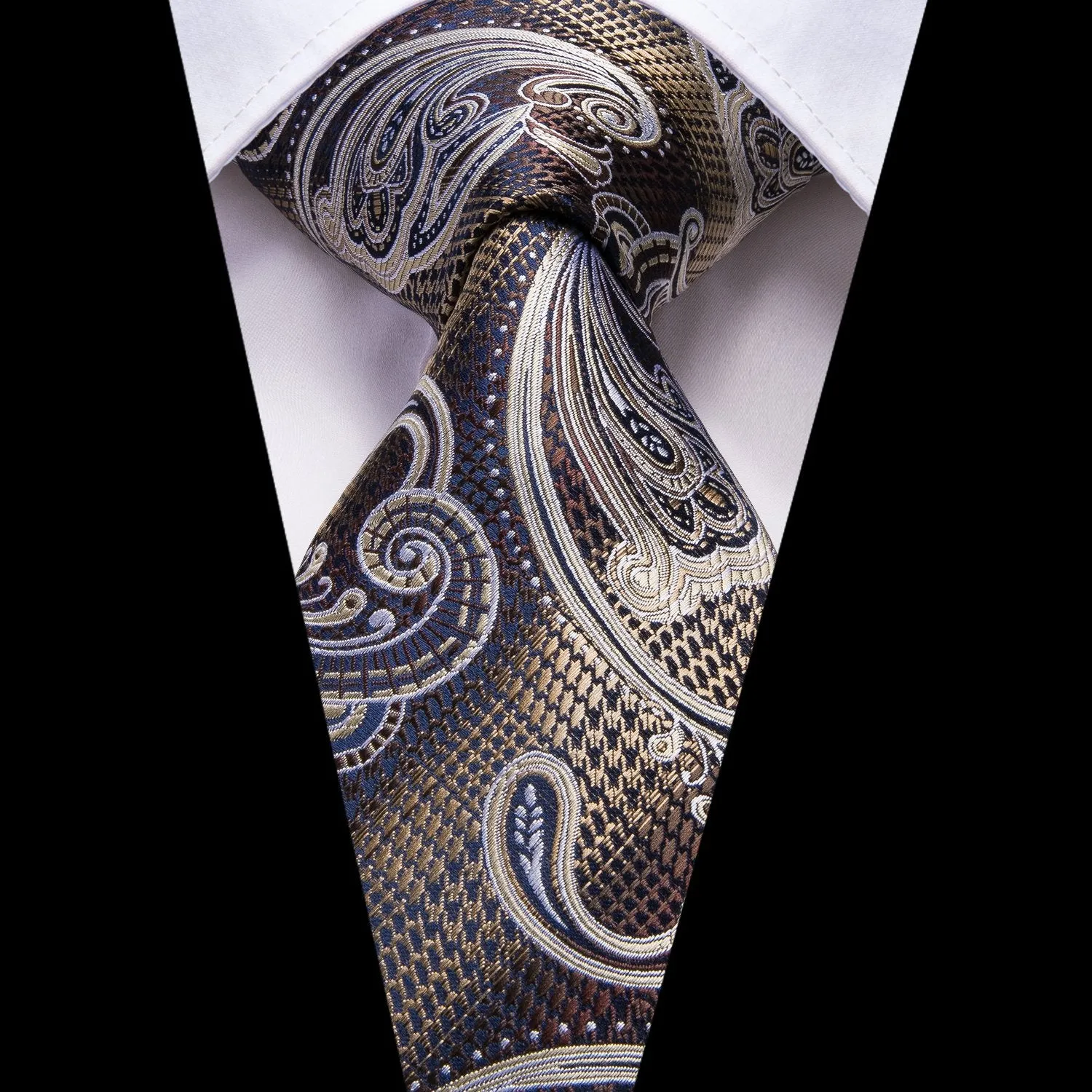 Hi-Tie Blue Brown White Paisley Men's Silk Necktie Hanky Cufflinks Set