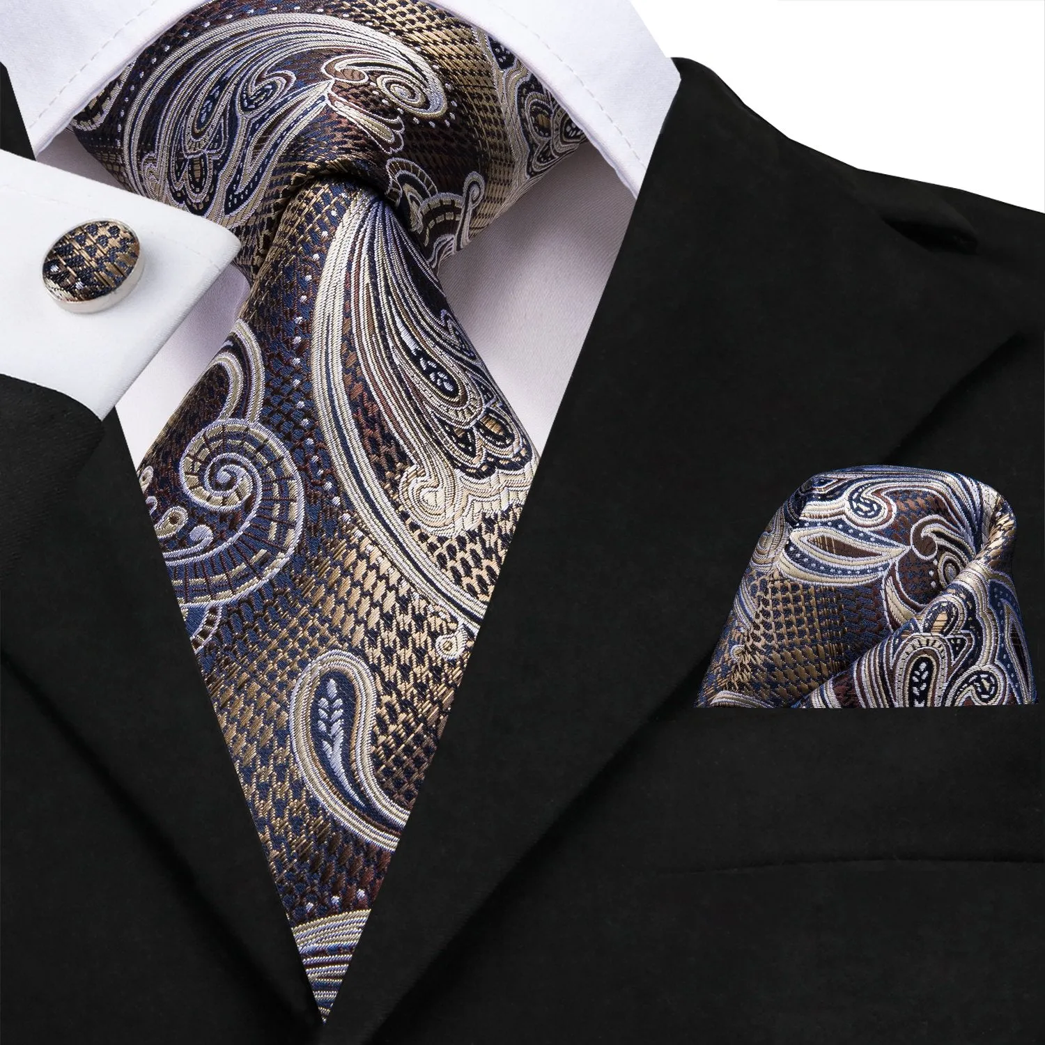 Hi-Tie Blue Brown White Paisley Men's Silk Necktie Hanky Cufflinks Set