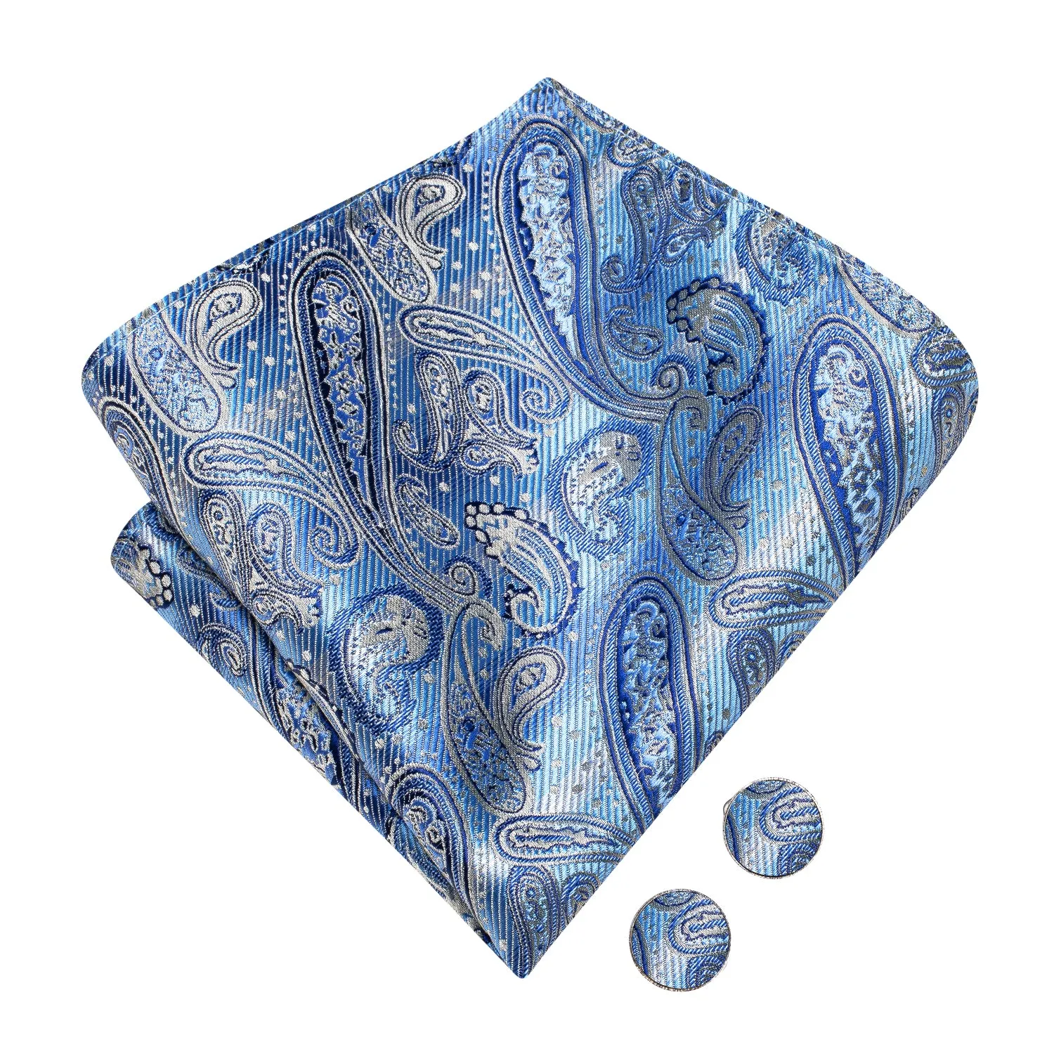 Hi-Tie Blue Silver Paisley Silk Pre-tied Bow Tie Hanky Cufflinks Set