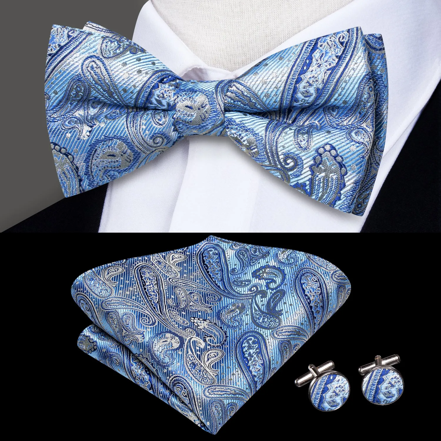 Hi-Tie Blue Silver Paisley Silk Pre-tied Bow Tie Hanky Cufflinks Set