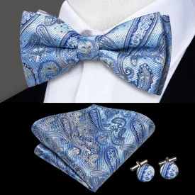 Hi-Tie Blue Silver Paisley Silk Pre-tied Bow Tie Hanky Cufflinks Set
