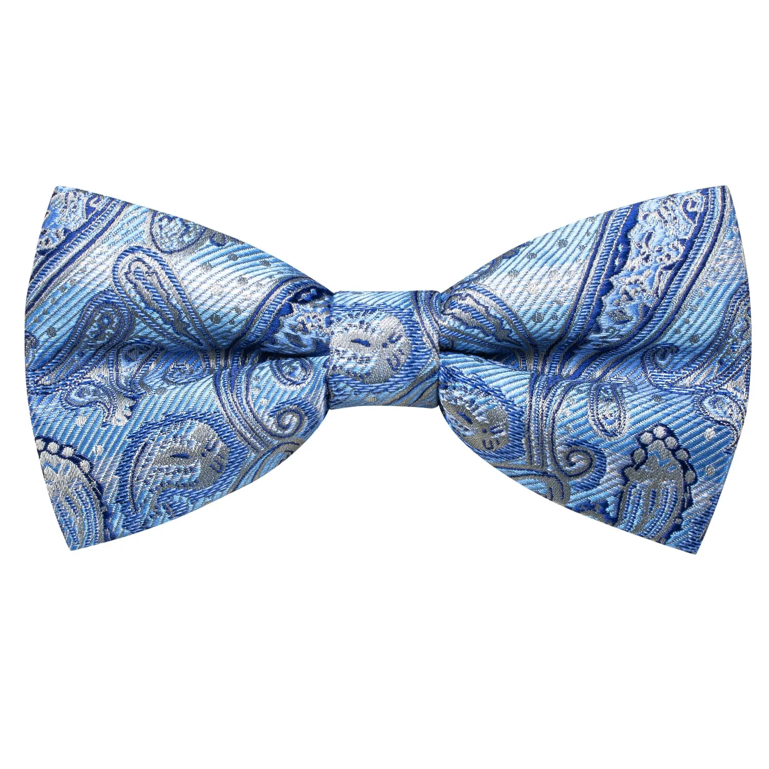 Hi-Tie Blue Silver Paisley Silk Pre-tied Bow Tie Hanky Cufflinks Set