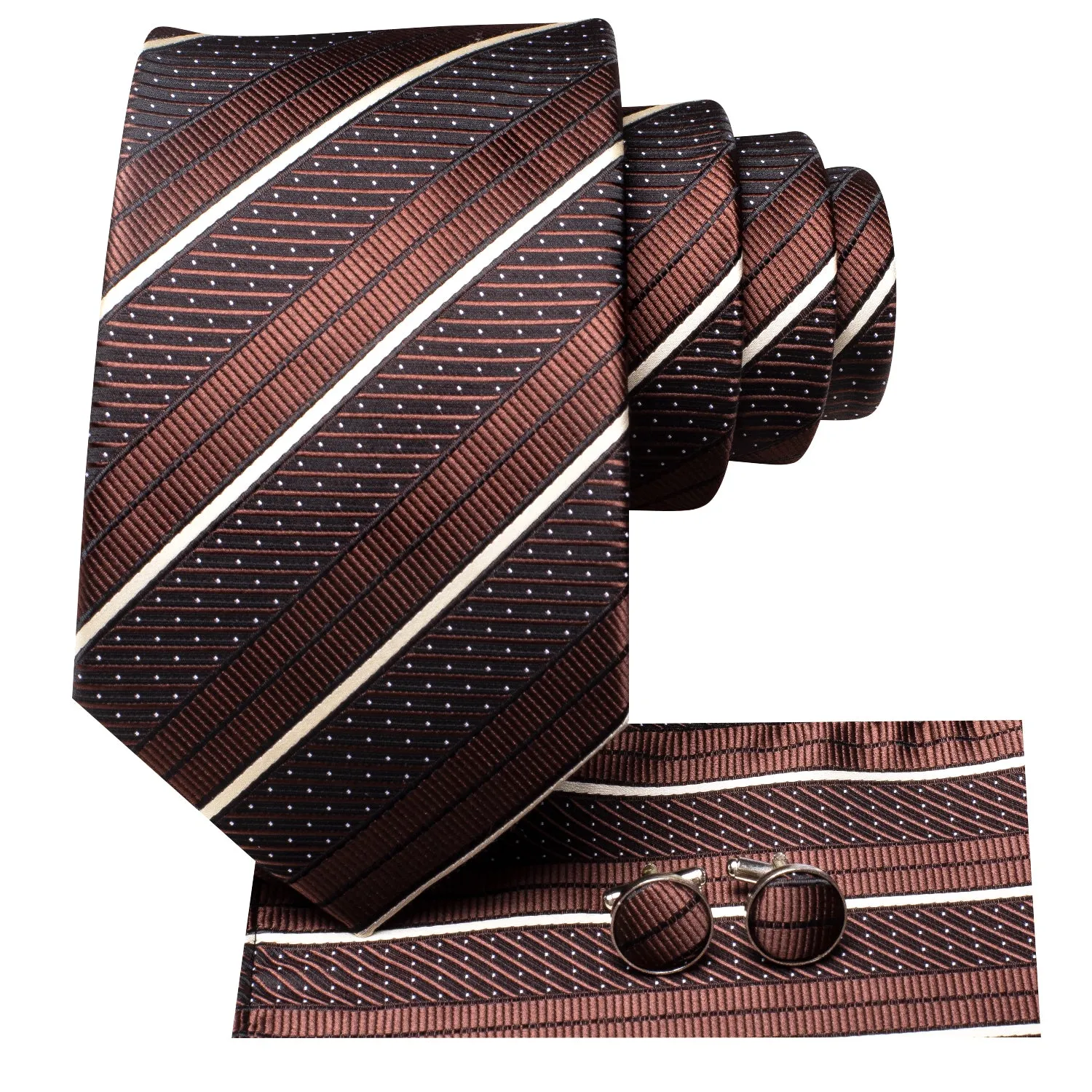 Hi-Tie Brown tie Brown White Striped Tie Pocket Square Cufflinks Set
