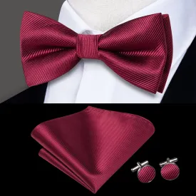 Hi-Tie Burgundy Red Striped Pre-tied Mens Bow Tie Hanky Cufflinks Set