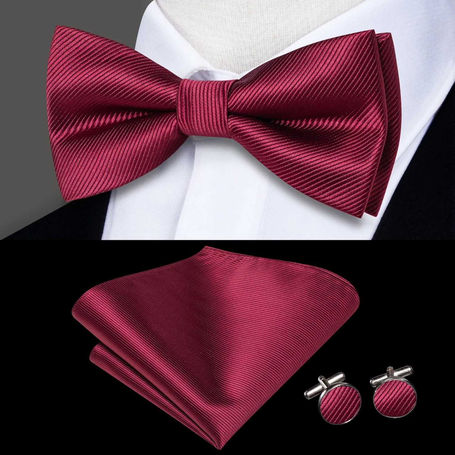 Hi-Tie Burgundy Red Striped Pre-tied Mens Bow Tie Hanky Cufflinks Set