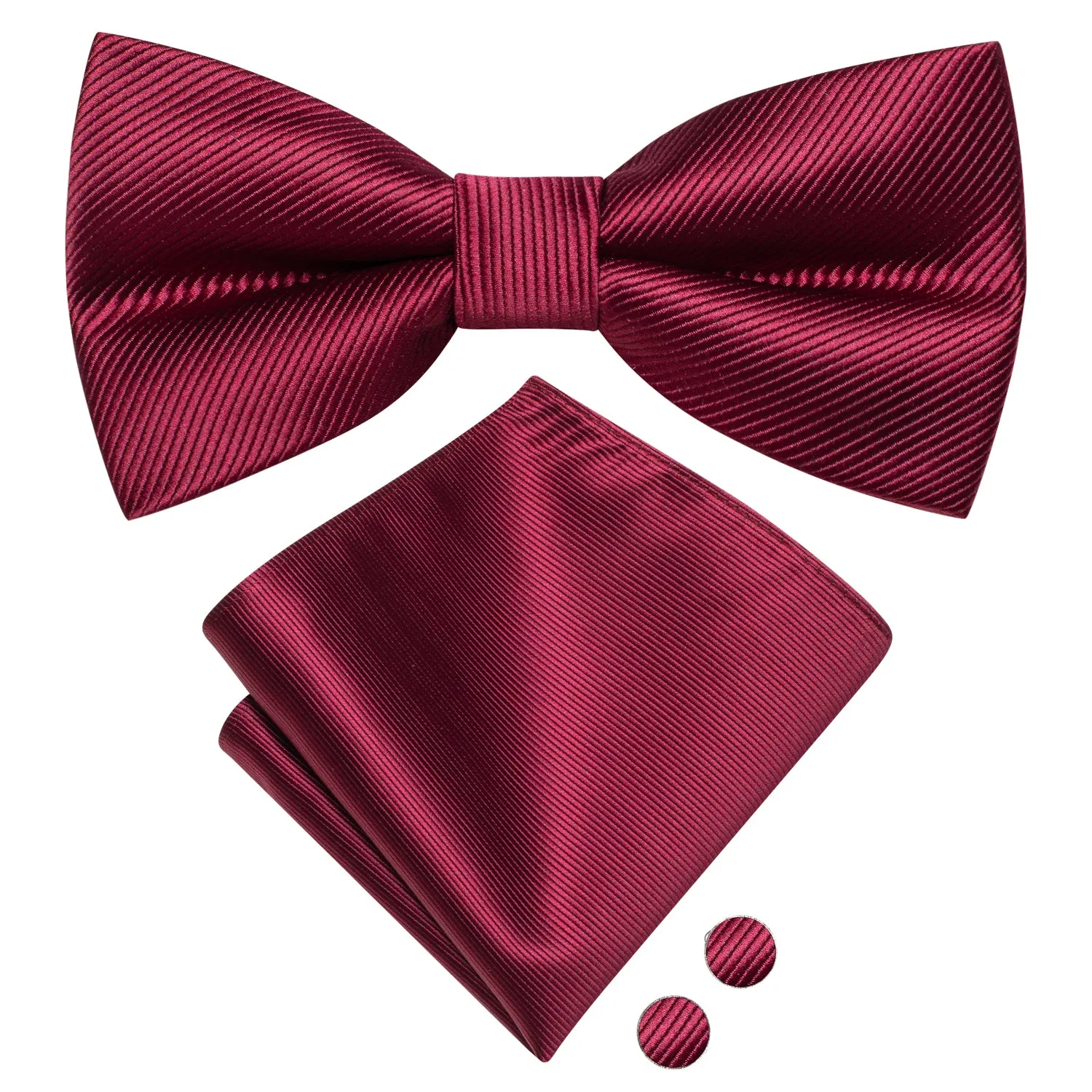 Hi-Tie Burgundy Red Striped Pre-tied Mens Bow Tie Hanky Cufflinks Set