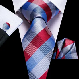 Hi-Tie Checkered Necktie Blue Red Plaid Tie Pocket Square Cufflinks Set