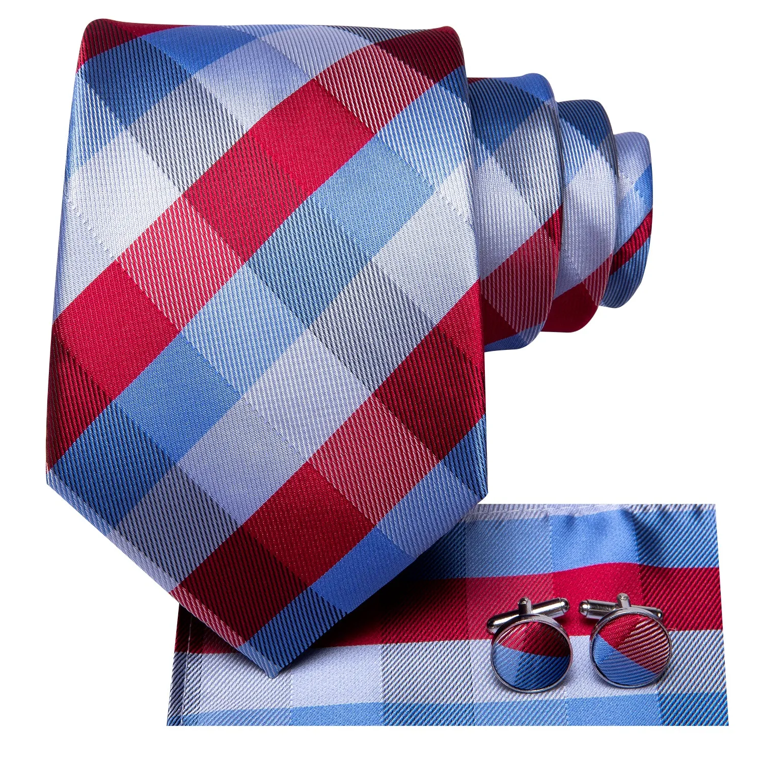 Hi-Tie Checkered Necktie Blue Red Plaid Tie Pocket Square Cufflinks Set