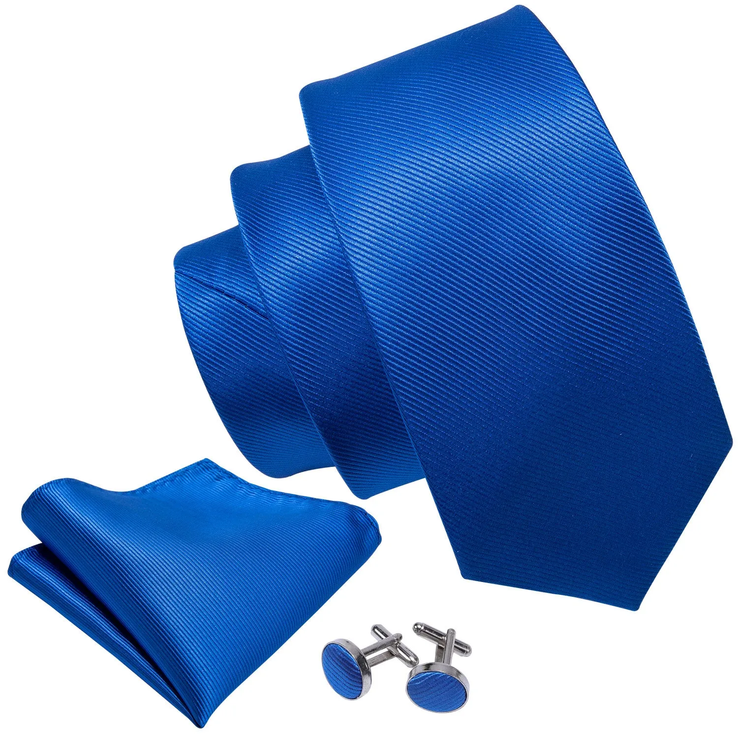 Hi-Tie Classic Blue Solid Silk Men's Tie Pocket Square Cufflinks Set