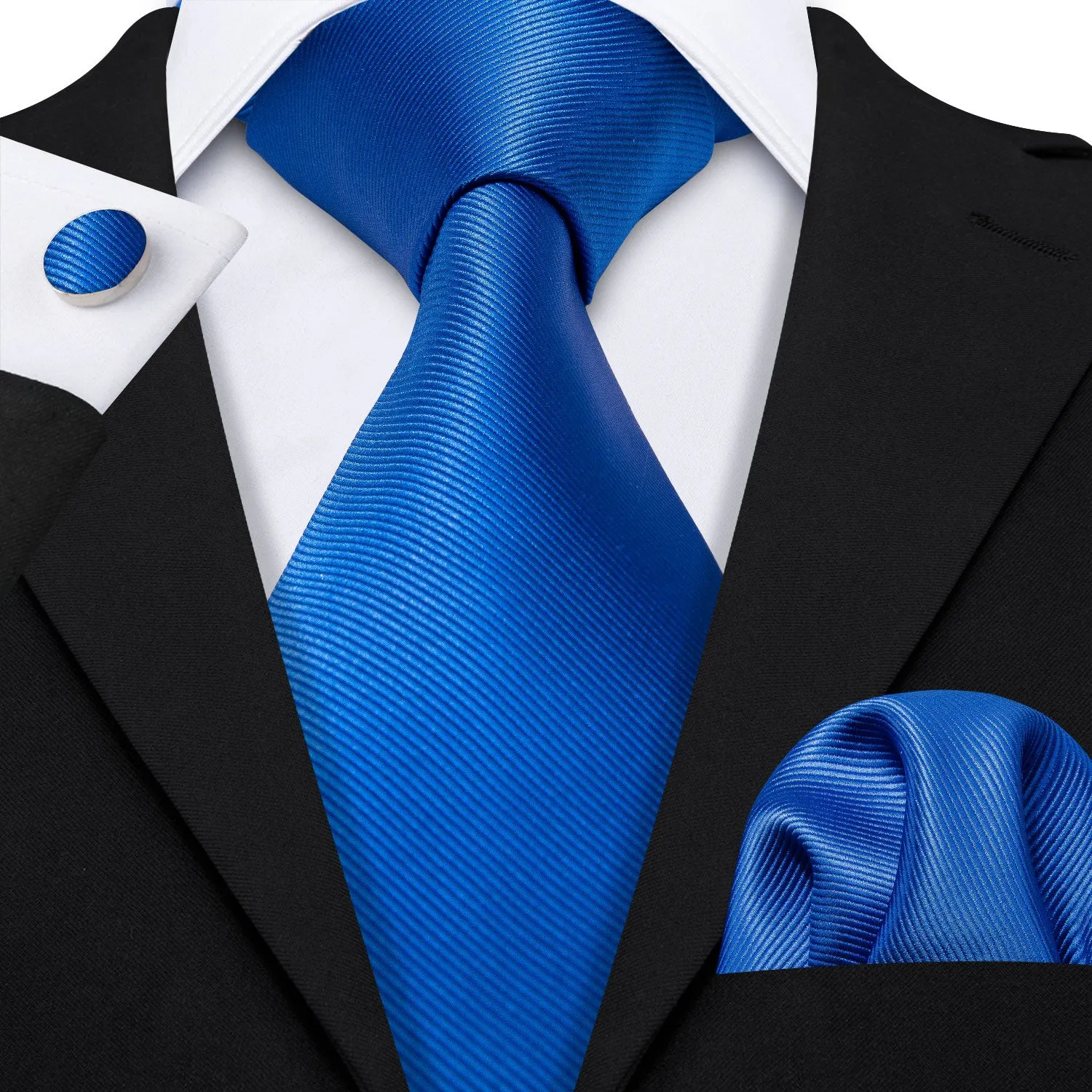 Hi-Tie Classic Blue Solid Silk Men's Tie Pocket Square Cufflinks Set