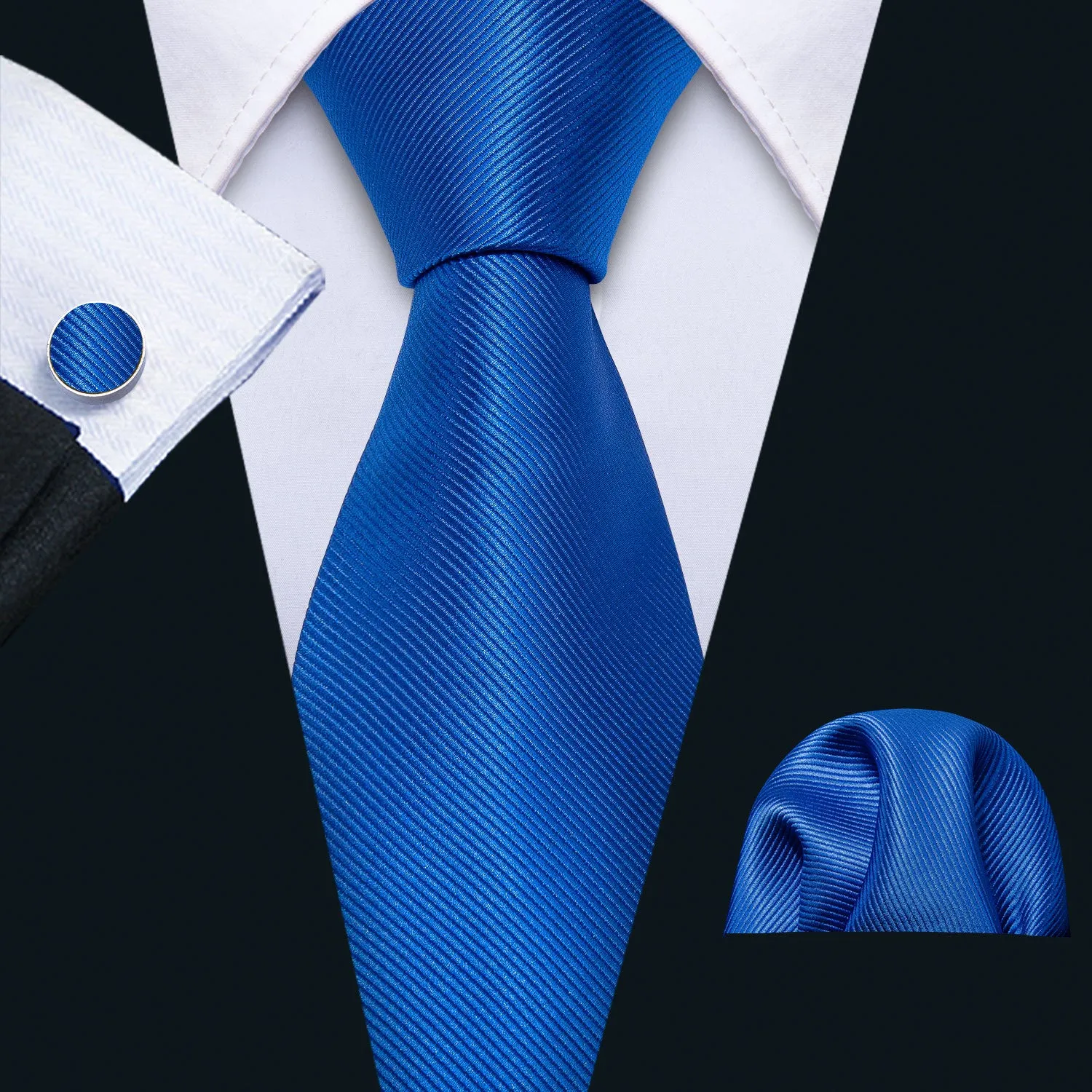 Hi-Tie Classic Blue Solid Silk Men's Tie Pocket Square Cufflinks Set