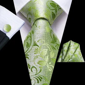 Hi-Tie Fluorescent Green Necktie Floral Tie Handkerchief Cufflinks Set