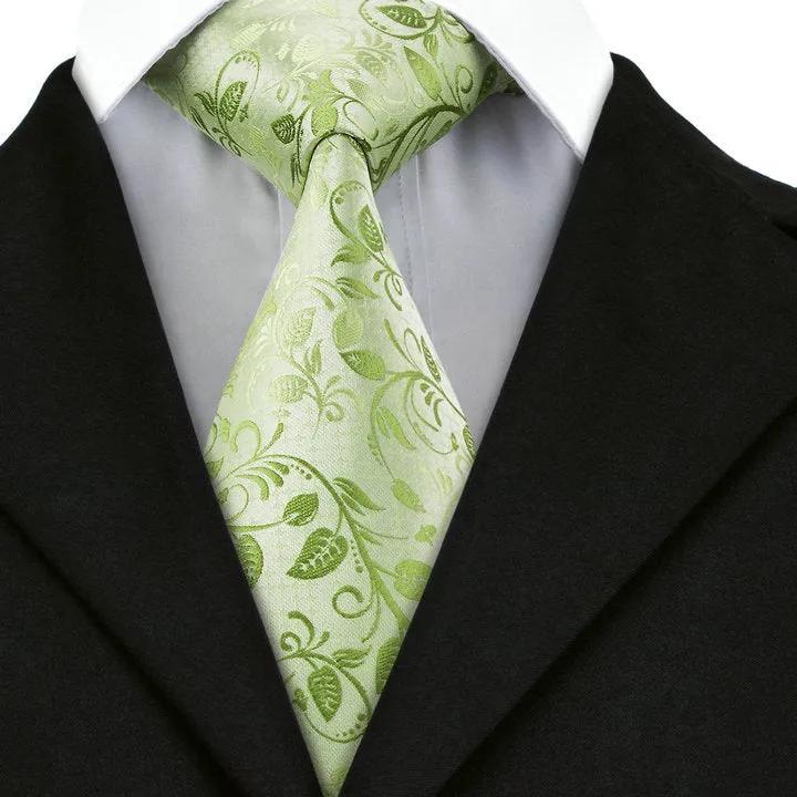 Hi-Tie Fluorescent Green Necktie Floral Tie Handkerchief Cufflinks Set