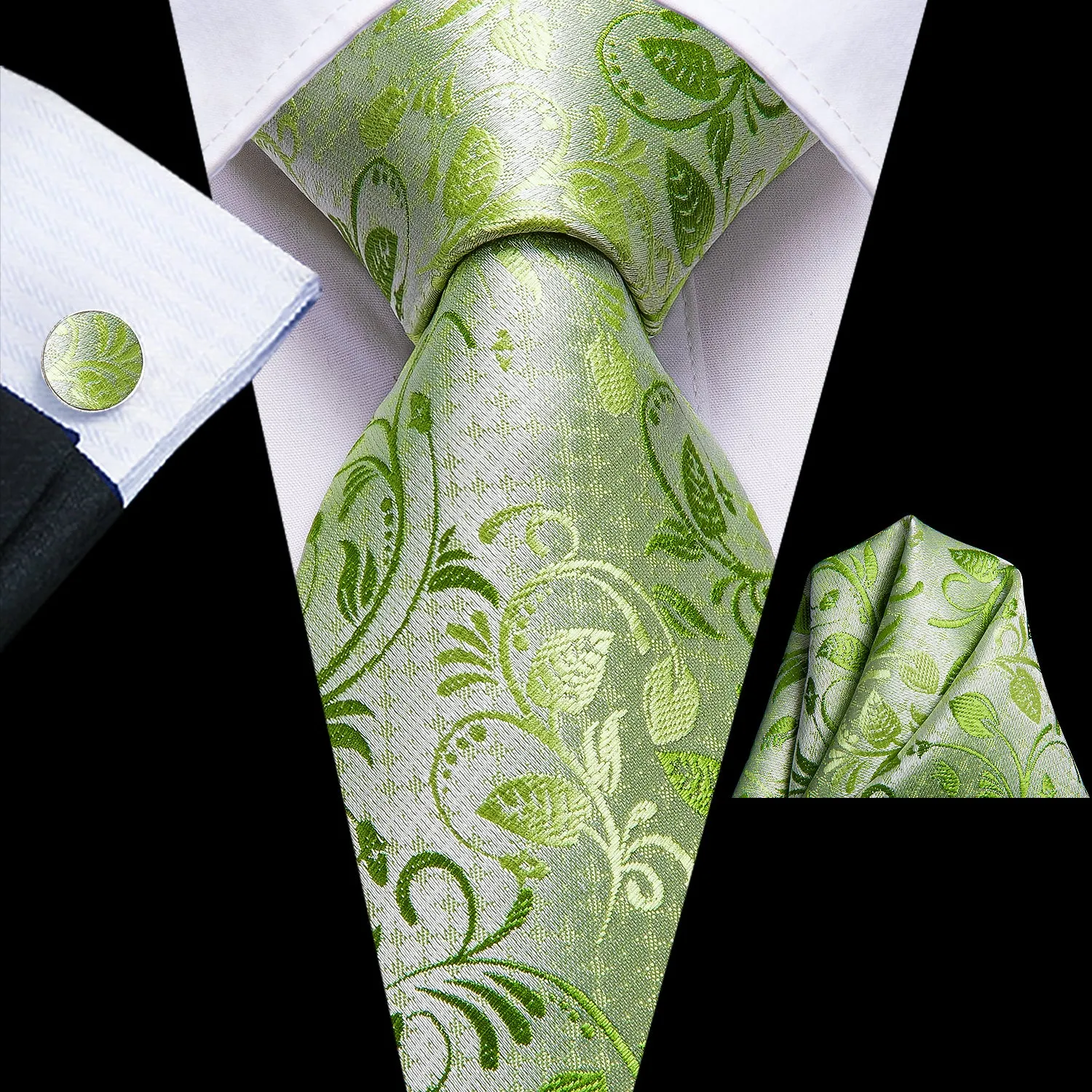 Hi-Tie Fluorescent Green Necktie Floral Tie Handkerchief Cufflinks Set