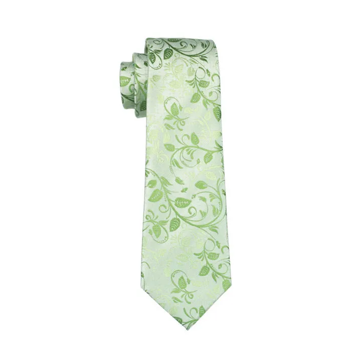 Hi-Tie Fluorescent Green Necktie Floral Tie Handkerchief Cufflinks Set