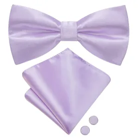 Hi-Tie Light Purple Solid Pre-tied Bow Tie Hanky Cufflinks Set