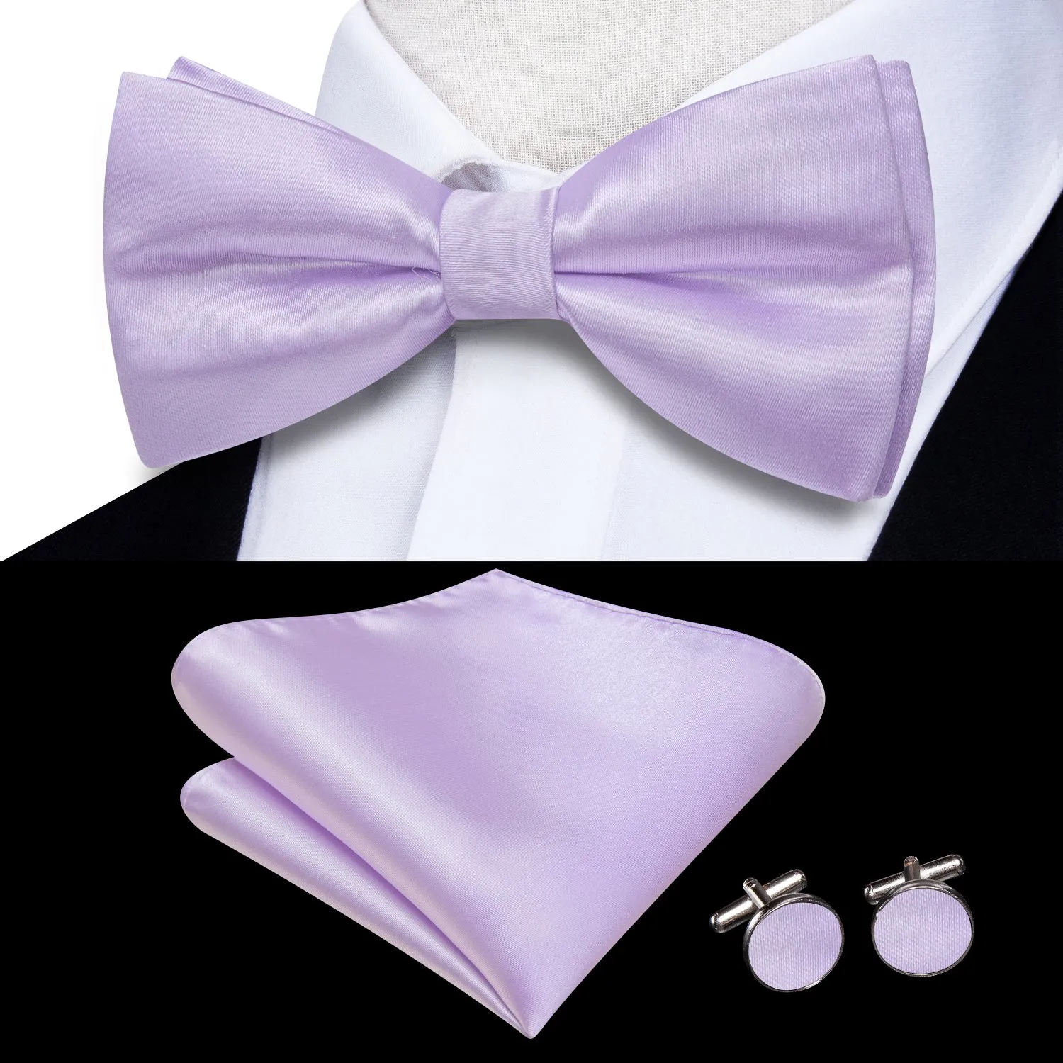 Hi-Tie Light Purple Solid Pre-tied Bow Tie Hanky Cufflinks Set