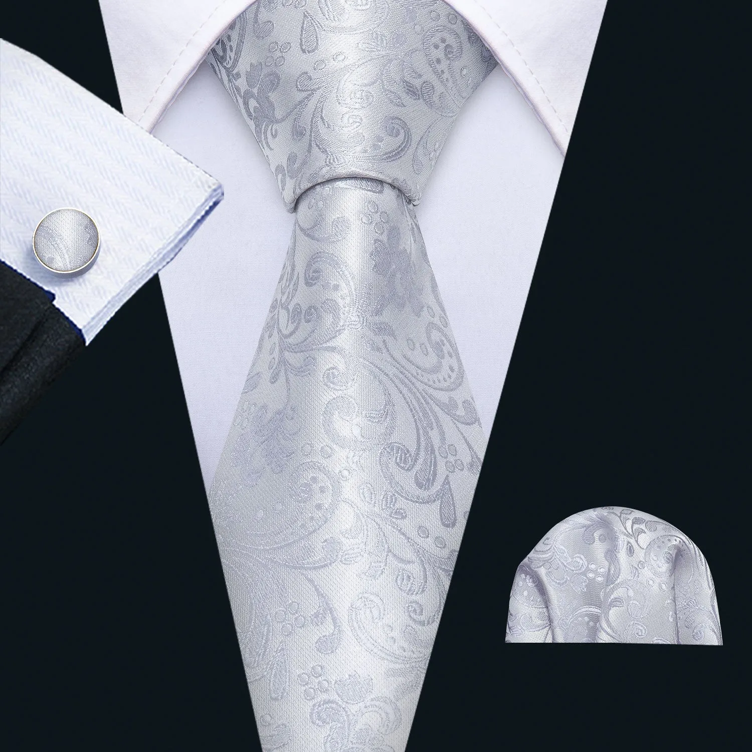 Hi-Tie Necktie Silver Floral Jacquard Tie Pocket Square Cufflinks Set