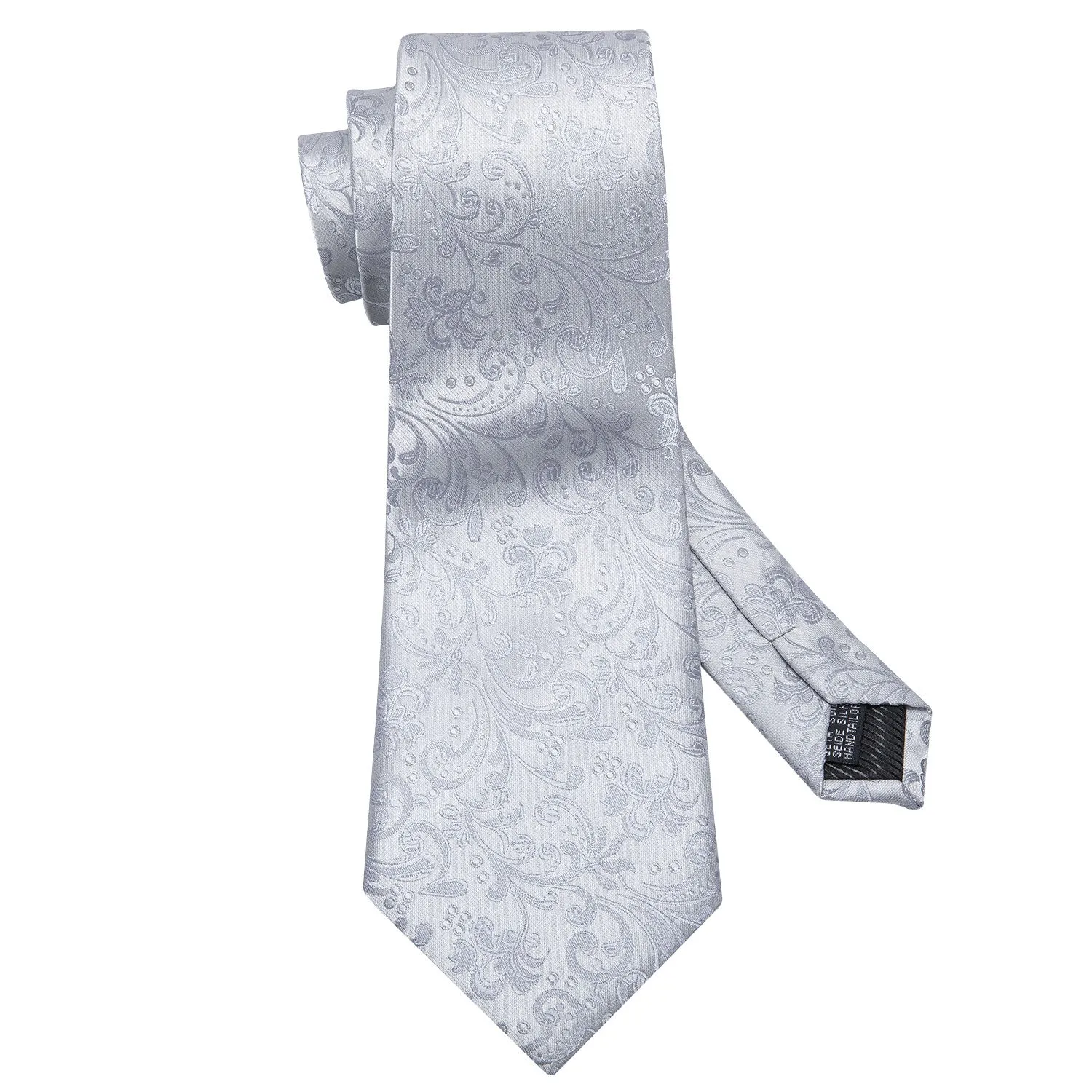 Hi-Tie Necktie Silver Floral Jacquard Tie Pocket Square Cufflinks Set