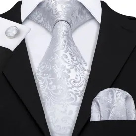 Hi-Tie Necktie Silver Floral Jacquard Tie Pocket Square Cufflinks Set