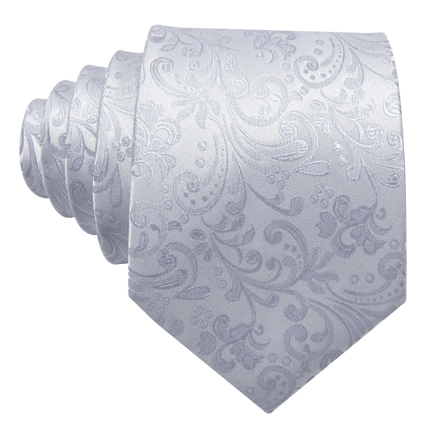 Hi-Tie Necktie Silver Floral Jacquard Tie Pocket Square Cufflinks Set
