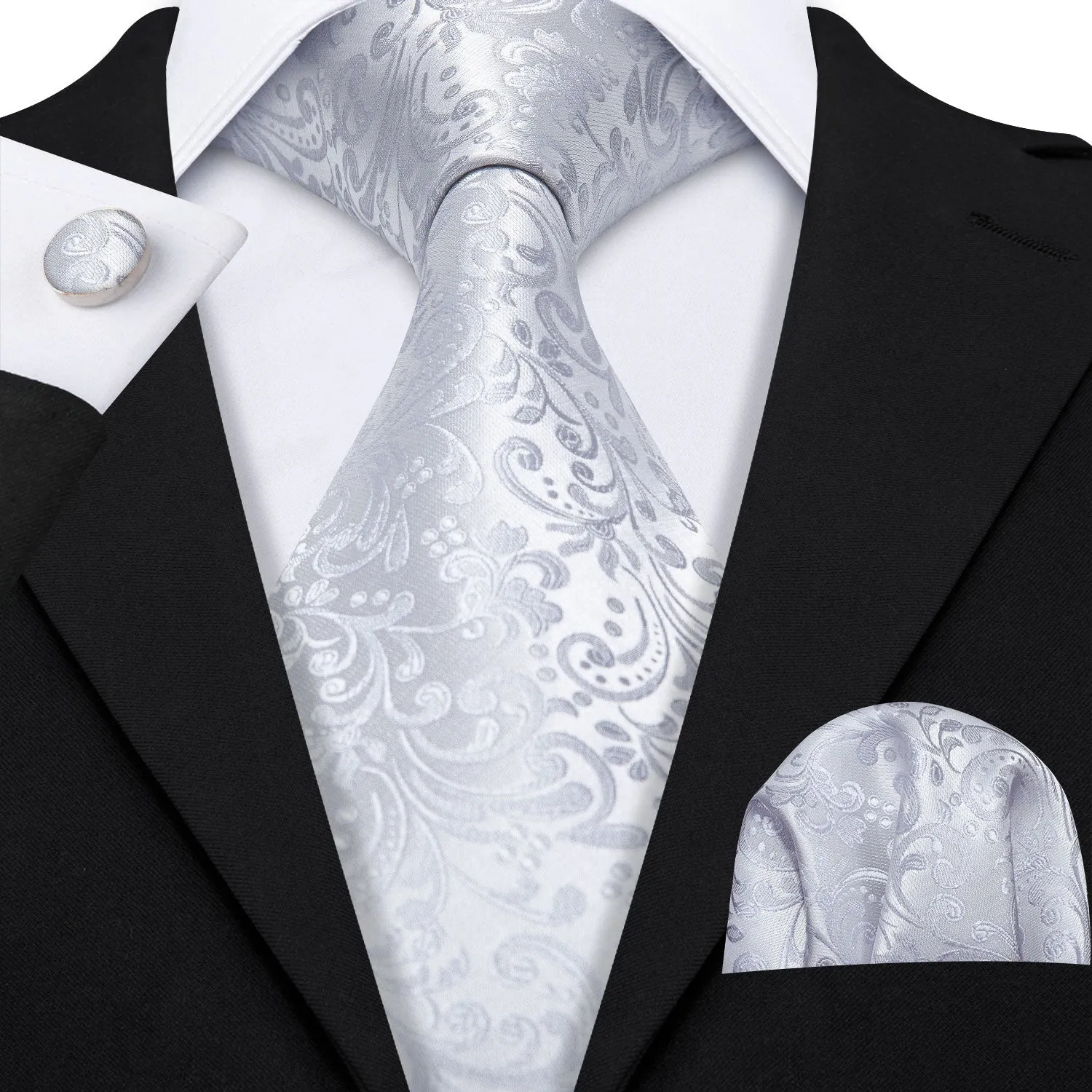 Hi-Tie Necktie Silver Floral Jacquard Tie Pocket Square Cufflinks Set