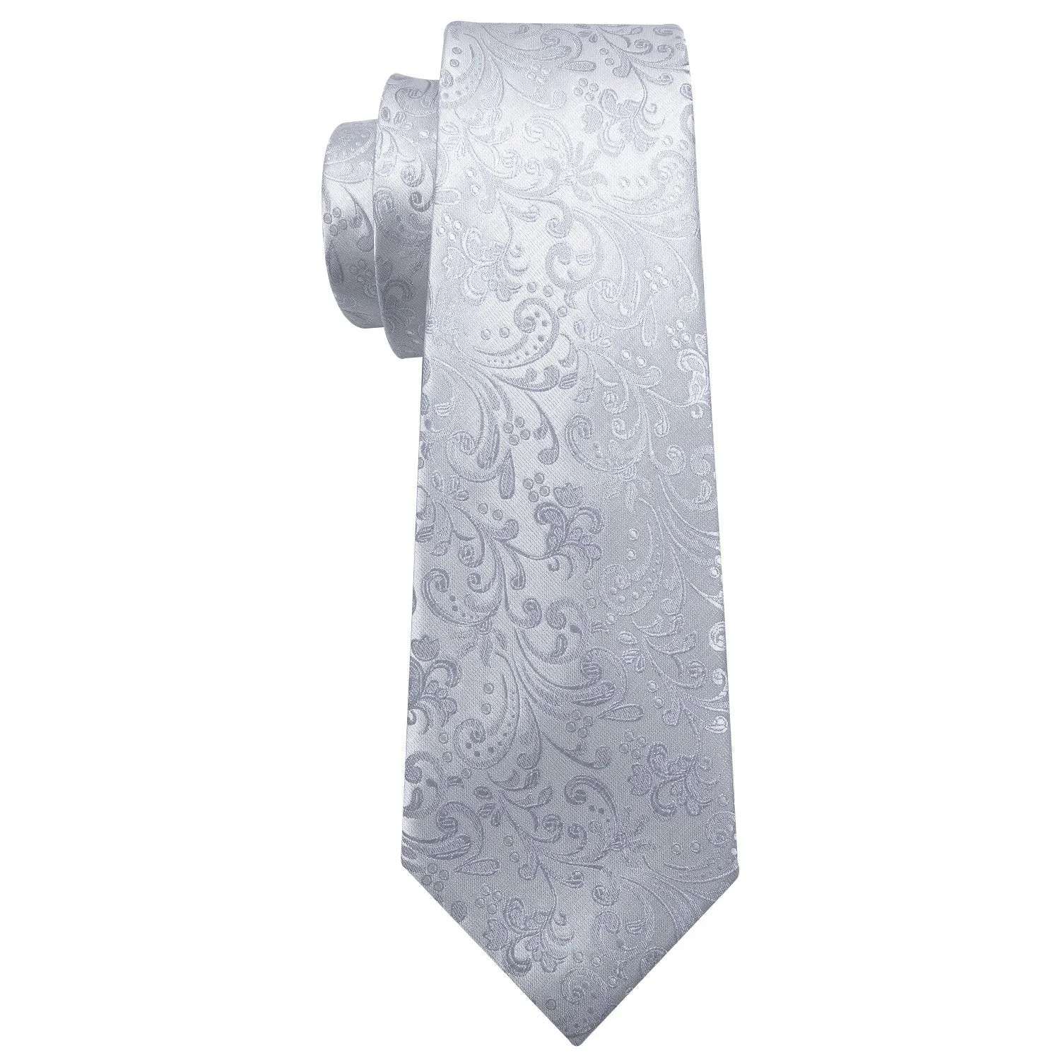 Hi-Tie Necktie Silver Floral Jacquard Tie Pocket Square Cufflinks Set
