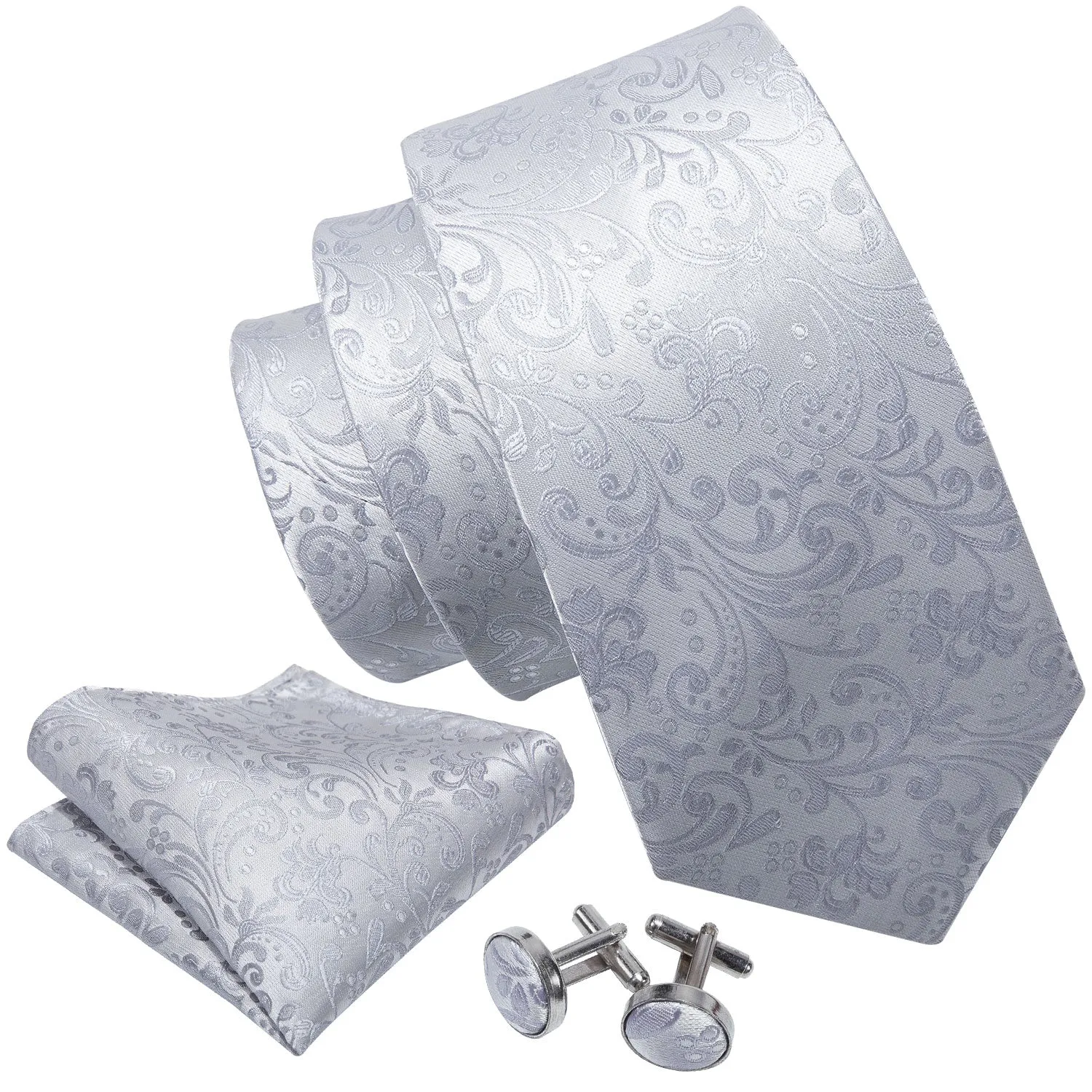 Hi-Tie Necktie Silver Floral Jacquard Tie Pocket Square Cufflinks Set