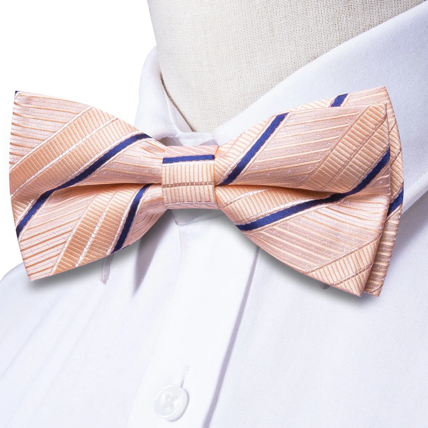 Hi-Tie Pink Blue Striped Pre-tied Bow Tie Hanky Cufflinks Set